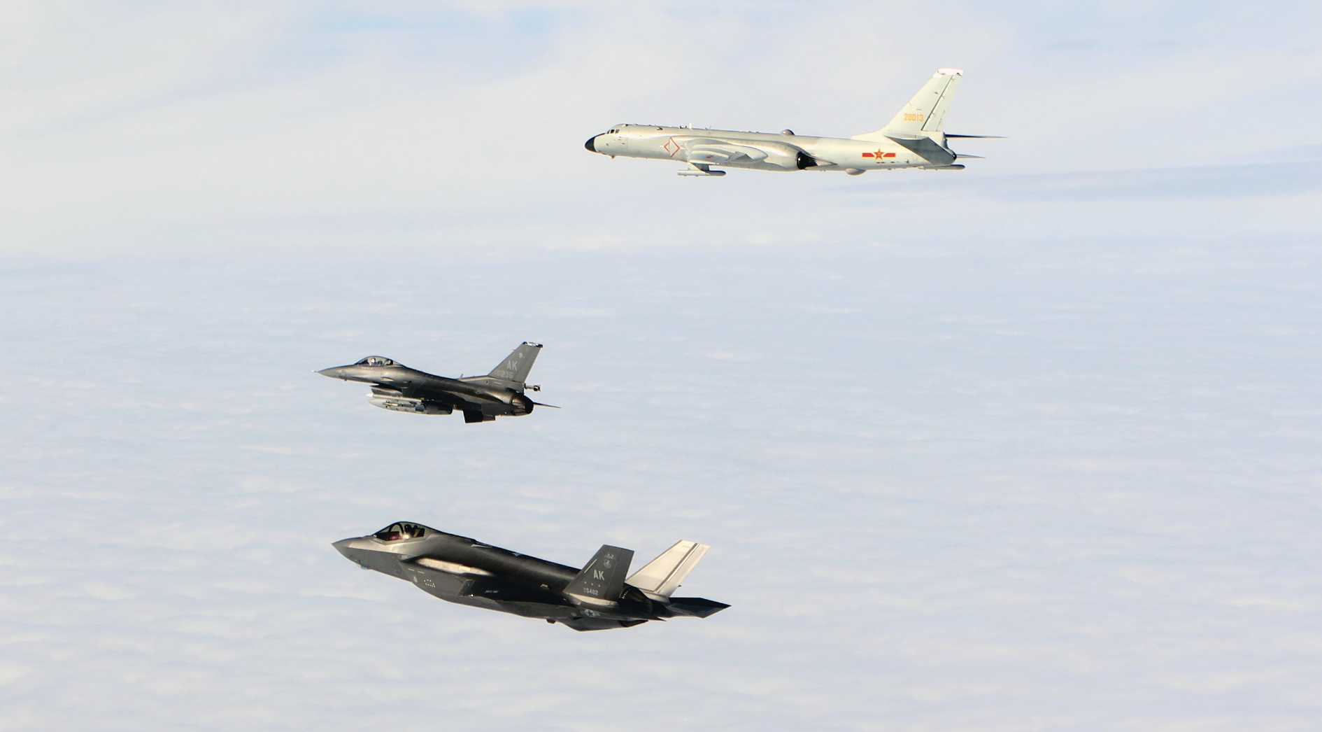 F-35 Lightning II and F-16 Fighting Falcon fighter aircraft from North American Aerospace Defense Command, among additional NORAD assets,positively identify and intercept one of two People’s Republic of China’s Xian H-6 bombers operating in Alaska Air Defense Identification Zone,July 24, 2024 (DOD)